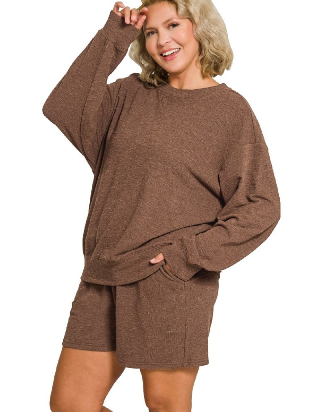NWT- Women's Plus Size Slub Knit LS Pullover and Shorts Set, Brown